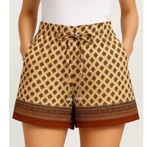 Junglee Billee Boho Cream & Rust Print Shorts w/ Crystal Beaded Tie